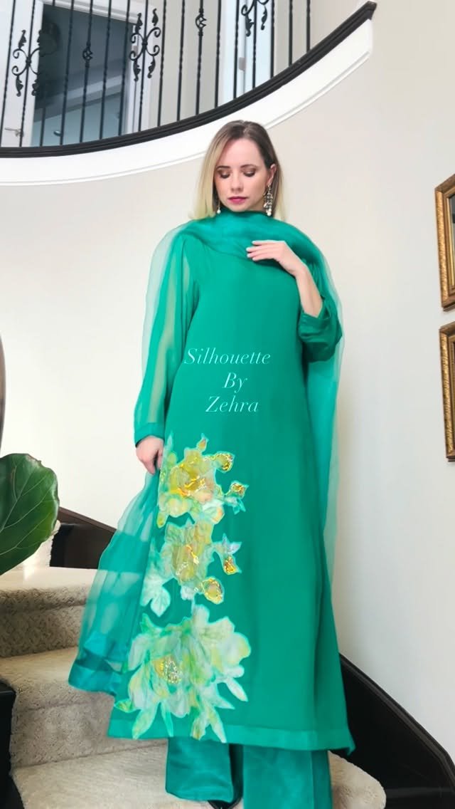 Turquoise Green Hand-Painted Detailing Pakistani Suit – Look 75