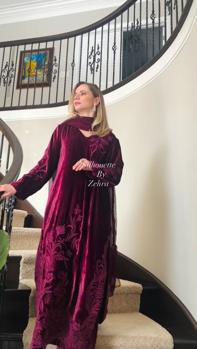 Burgundy Artisanal Detailing Pakistani Suit – Look 74