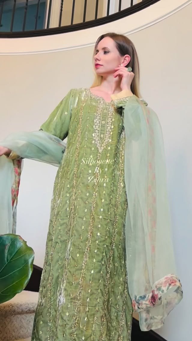 Sage Green Artisanal Detailing Pakistani Suit – Look 45