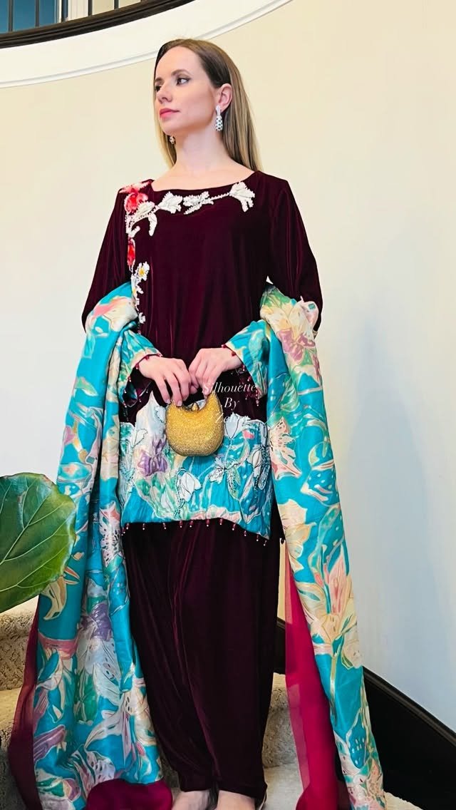 Burgundy and Turquoise Artisanal Detailing Pakistani Suit – Look 42